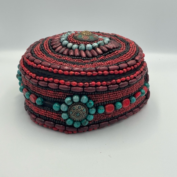 Tibetan Beaded Hat Ceremonial Headdress Red Coral Turquoise Black Colored Beads - Picture 1 of 6